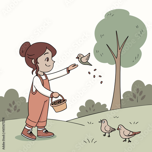 Illustration of a girl in overalls feeding birds in a field with a tree and bushes in the background