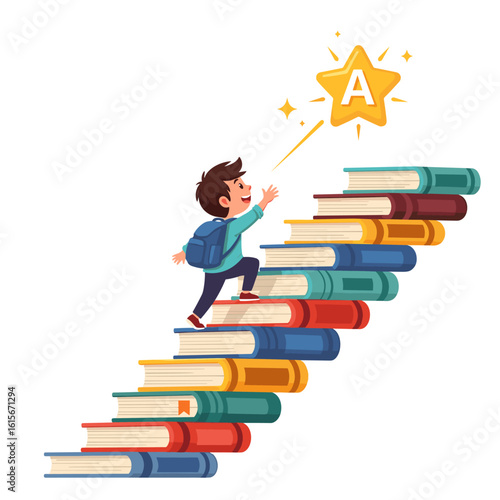 Happy Boy Climbing Stairs Made of Books Towards a Golden Star with Grade A