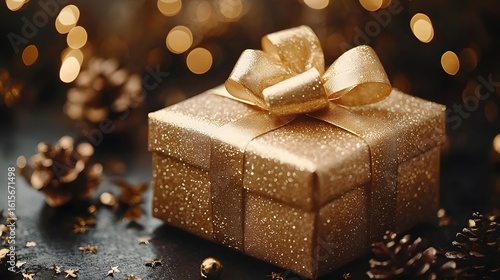 A gilded gift box with a shimmering bow awaits  long title A luxurious golden gift box wrapped in a shiny satin ribbon exuding an air of elegance and