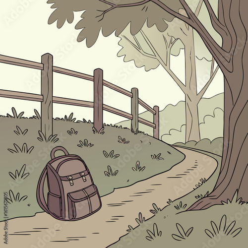 A backpack sits on a path next to a wooden fence and a tree in a natural outdoor environment scene