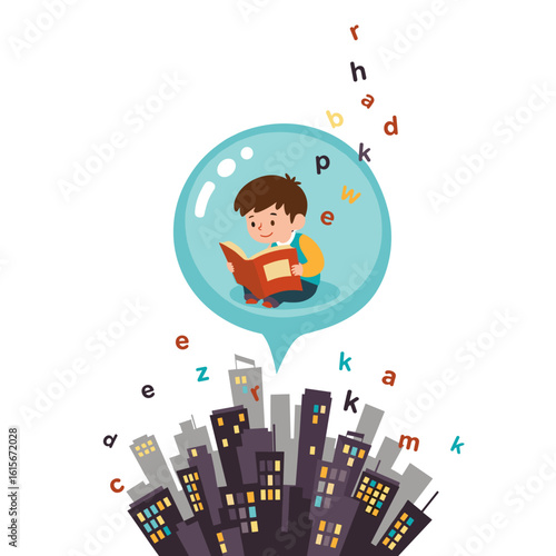 Boy Reading Book in Thought Bubble Above Cityscape with Flying Letters