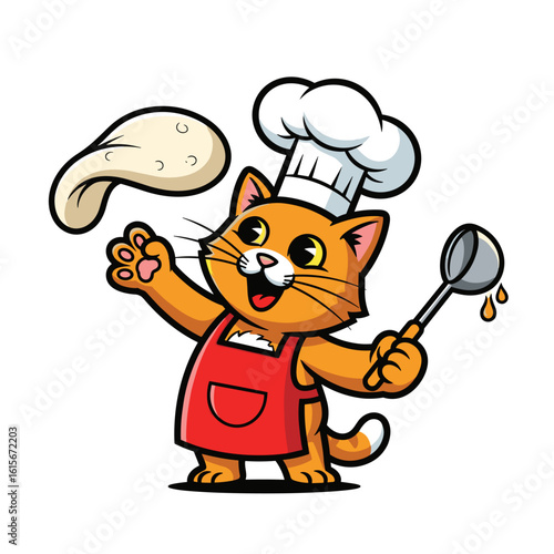 Happy Cartoon Cat Chef Tossing Pizza Dough with Ladle