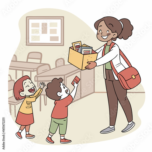 Teacher giving books to children in a classroom with desks and a bulletin board in the background scene