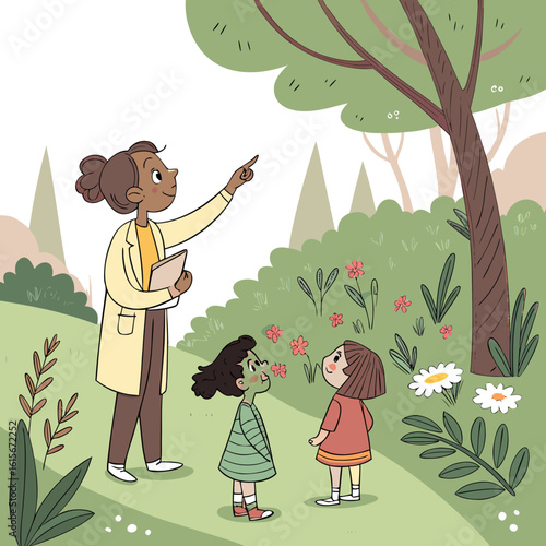 A woman in a lab coat pointing upwards with two children looking at flowers in a park with trees around them
