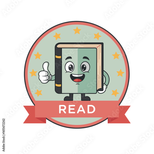 Cheerful Cartoon Book Character Thumbs Up Read Badge Illustration