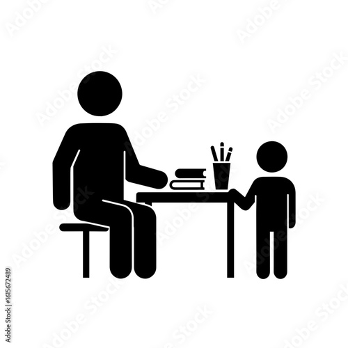 Adult helping child with books at table in simple black icon  