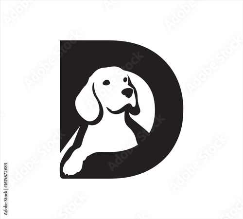 A bold letter D logo with a dog silhouette integrated into the letter, clean black and white vector, high contrast, professional design, no background.


