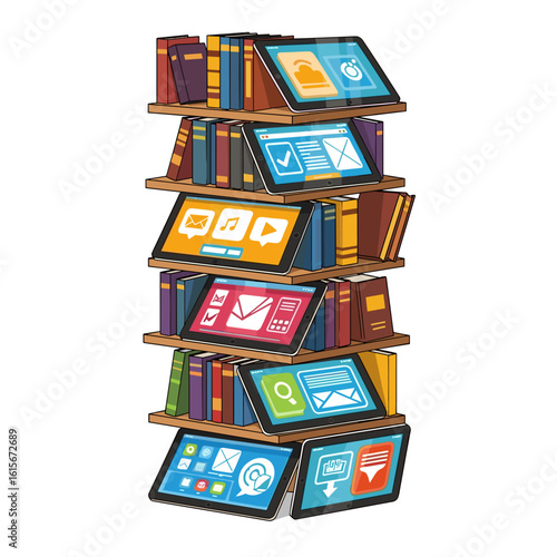 Bookshelf with Traditional Books and Modern Digital Tablets for Blended Learning