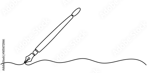 Fountain pen in continuous line art drawing style. Writing or signing document using status symbol vintage ink pen.  Black linear design isolated on white background. Vector illustration. 