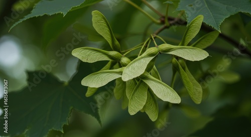 Close up of maple tree seeds, selective focus on new growth.