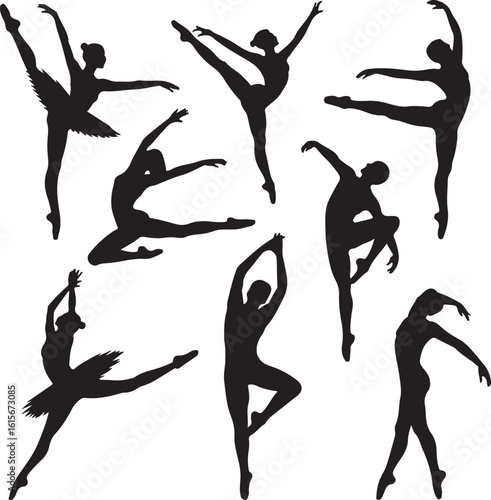 Black silhouettes of ballet dancers in various poses