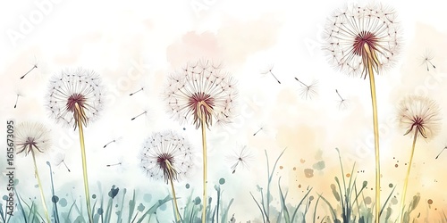 
Watercolor dandelions art light tones background wallpaper freedom of flight. Ethereal painting watercolor background concept.Light tones watercolor dandelion background

