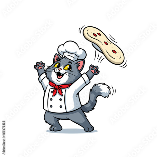 Playful cartoon gray cat chef skillfully tossing pizza dough in the air, embodying fun cooking and Italian cuisine.