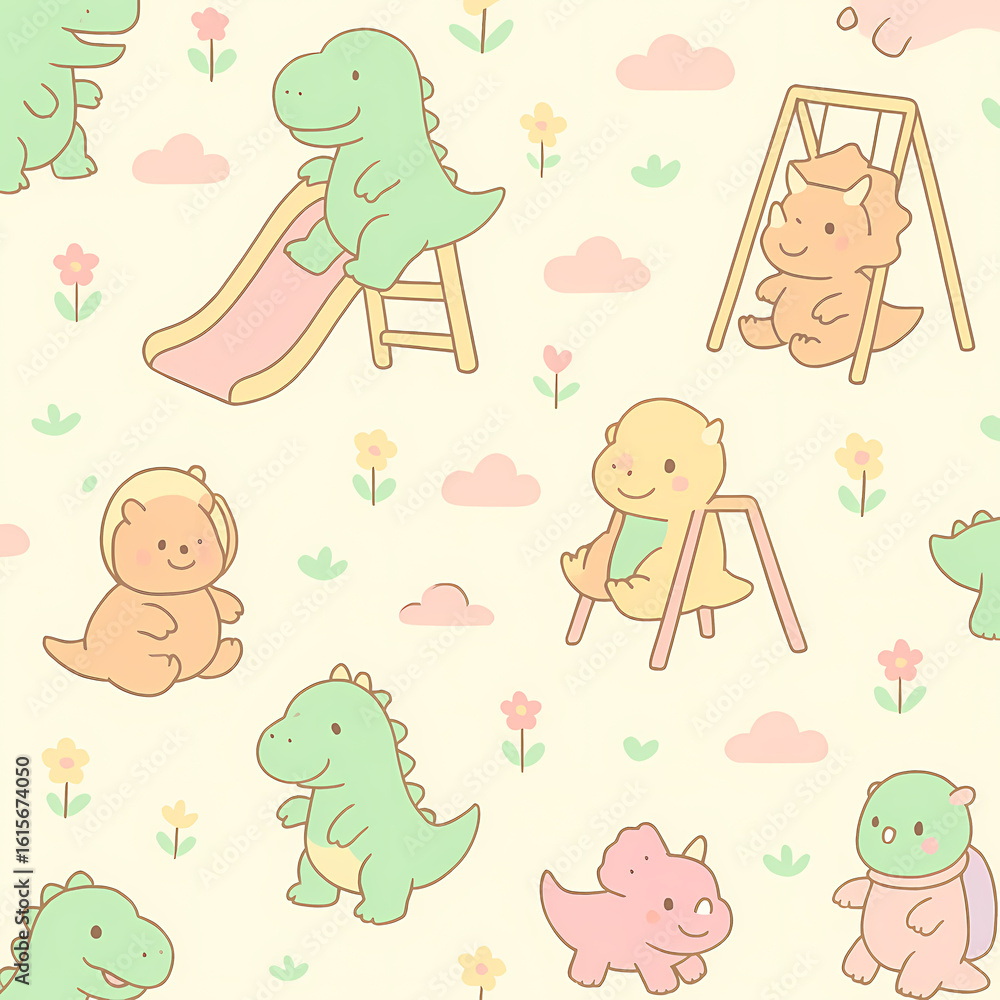 Fototapeta premium Cute Handdrawn Dinosaur and Animal Playtime Seamless Surface Pattern