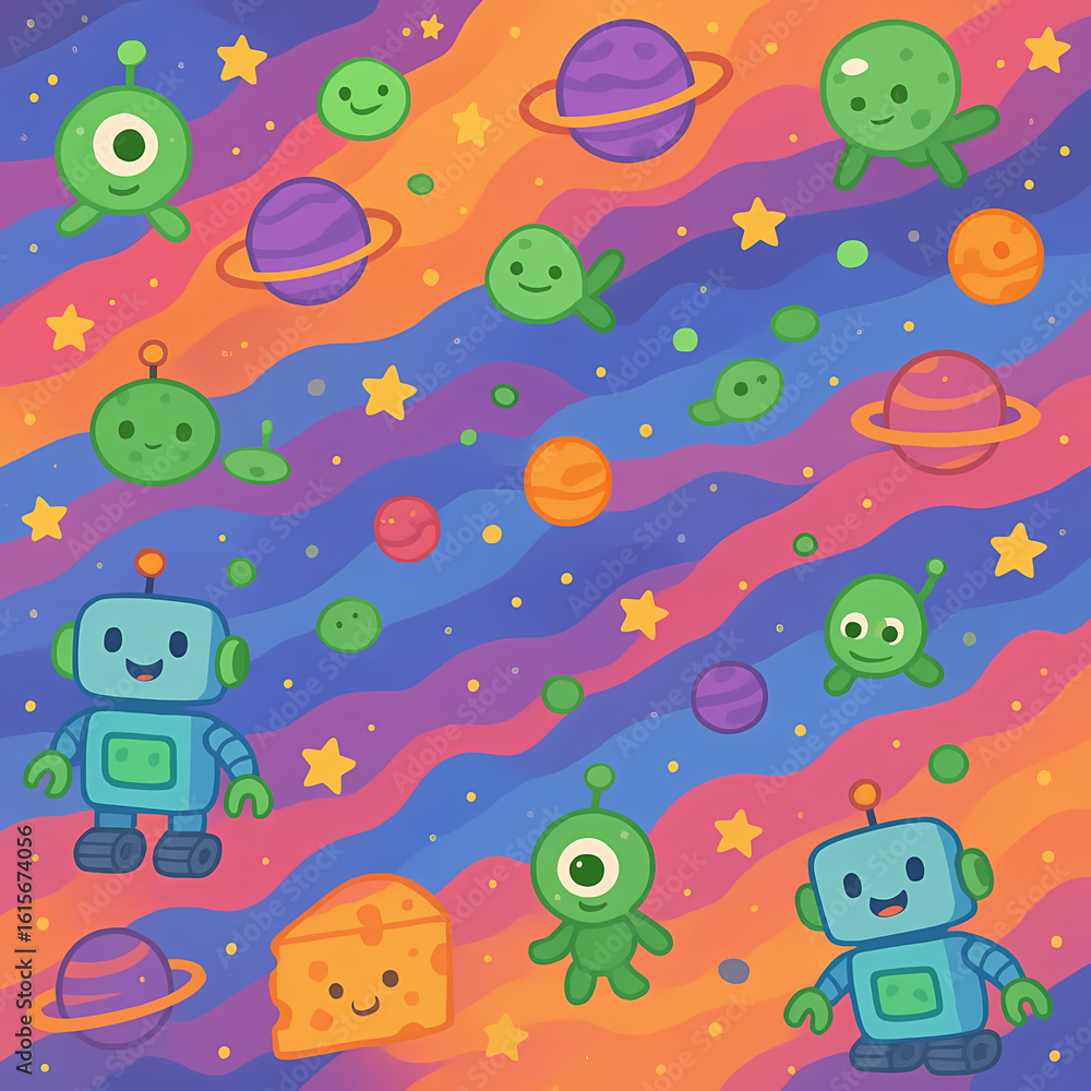 Fun Colorful Cartoon Cosmic Alien Landscape with Robot and Cheese Pattern Fun Colorful Cartoon Cosmic Alien Landscape with Robot and Cheese Pattern