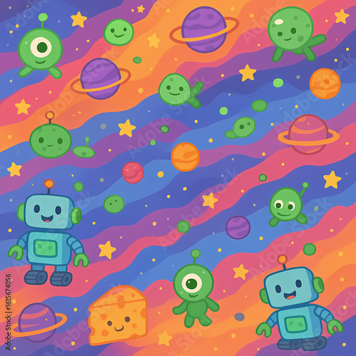 Fun Colorful Cartoon Cosmic Alien Landscape with Robot and Cheese Pattern