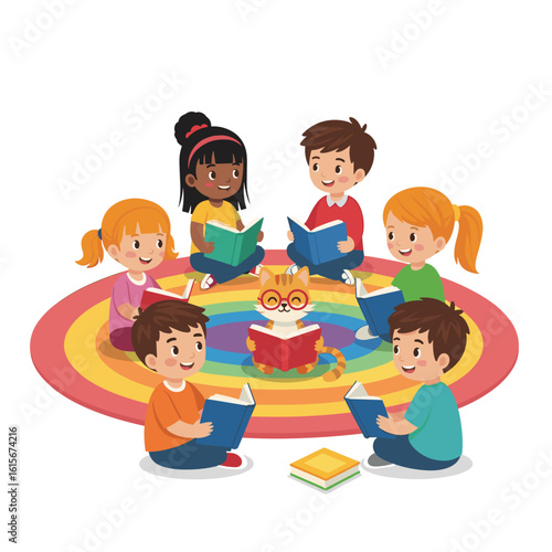Diverse Children and Cat Reading Books Together on a Rainbow Rug, Early Literacy and Friendship Concept