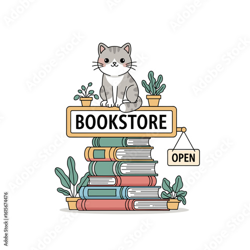 Adorable Cat Sitting on a Stack of Books with a 'BOOKSTORE' Sign and Plants, Cozy Reading Nook Concept