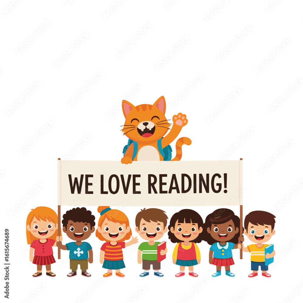 Fototapeta premium Diverse Group of Happy Children and Cat Mascot Holding 'WE LOVE READING!' Banner, Promoting Literacy