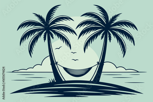 Two palm trees stand tall, supporting a hammock on a tropical island scene