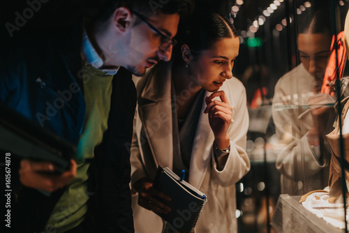Bilde på lerret People closely examine artifacts displayed inside a museum showcase, displaying curiosity and intellectual engagement in the illuminated area, reflecting a theme of cultural exploration and education