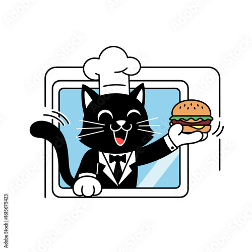 Happy Black Cat Waiter in Window Serving Delicious Burger