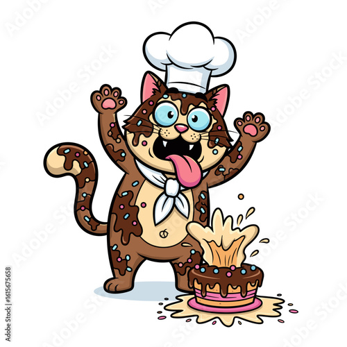 Energetic Chocolate-Covered Cat Chef and Smashed Cake