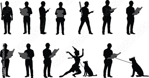 Silhouette of Thai dancer with dogs and construction workers, cultural and industrial fusion concept, black vector style, isolated on white background, creative concept art