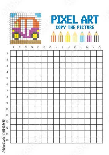 Copy the picture grid drawing worksheet for kids. Pixel art auto rickshaw