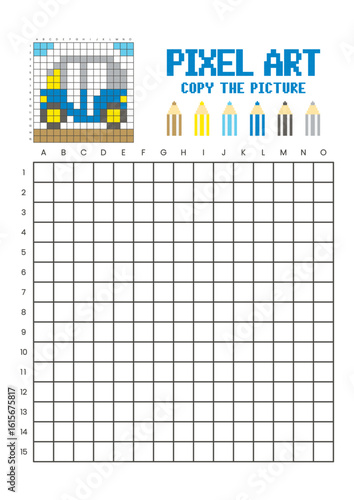 Copy the picture grid drawing worksheet for kids. Pixel art auto rickshaw