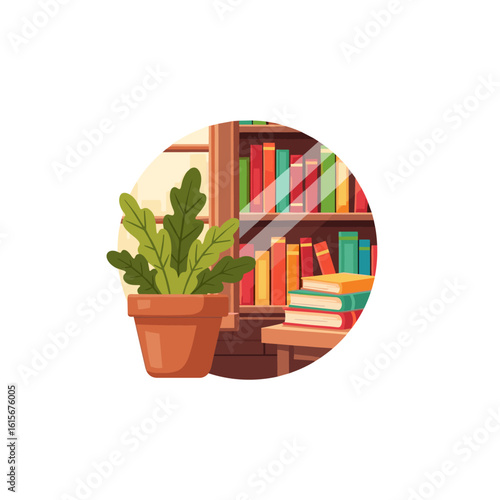 Indoor Plant and Bookshelf, Cozy Reading Nook Illustration