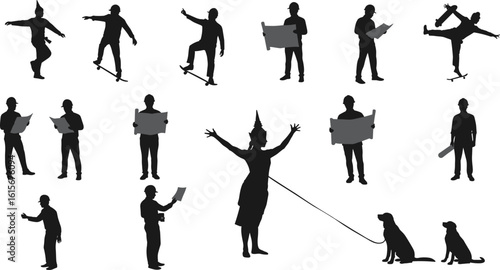 Thai traditional dancer holding dog leashes, surrounded by skateboarders and workers reading plans, black silhouette vector art, cultural and urban lifestyle fusion illustration