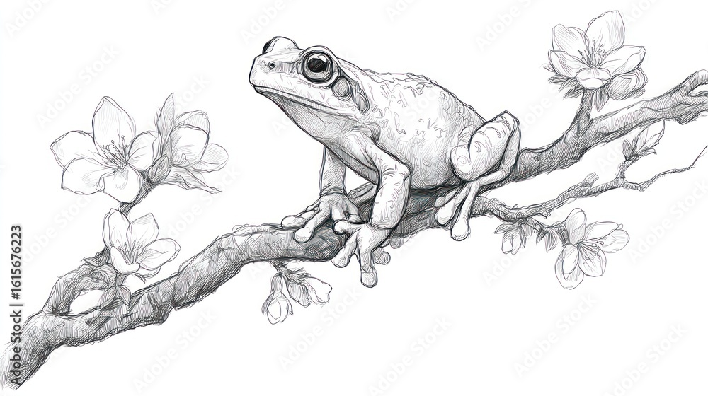 Naklejka premium Frog on branch with blossoms