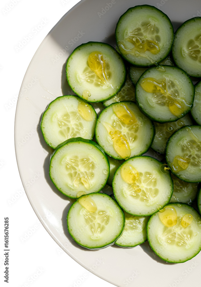 Isolated Photo Of Cucumber Slices On Plate with Oil Transparent Background Isolated Photo Of Cucumber Slices On Plate with Oil Transparent Background