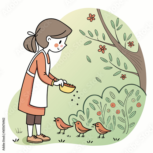 Illustration of a girl in overalls feeding birds in a field with a tree and bushes in the background