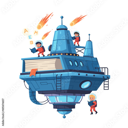 Astronaut Kids Reading on Book-Shaped Spaceship with Meteors, Space Education