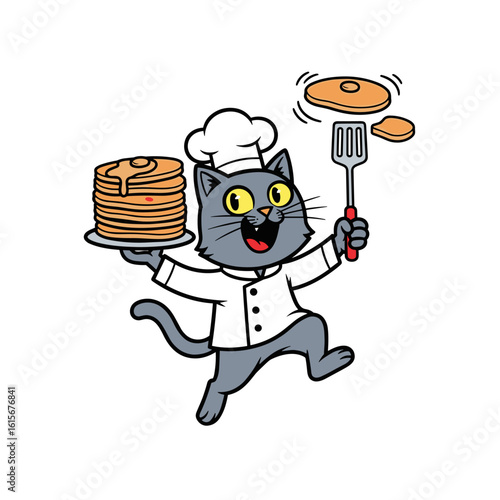 Funny Cat Chef with Stack of Pancakes and Spatula, Cooking Animal Character