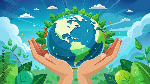 Protect Earth
A semi-realistic vector shows hands cradling a lush green planet, glowing with life under a blue sky, reminding us to protect Earth with every choice we make.

