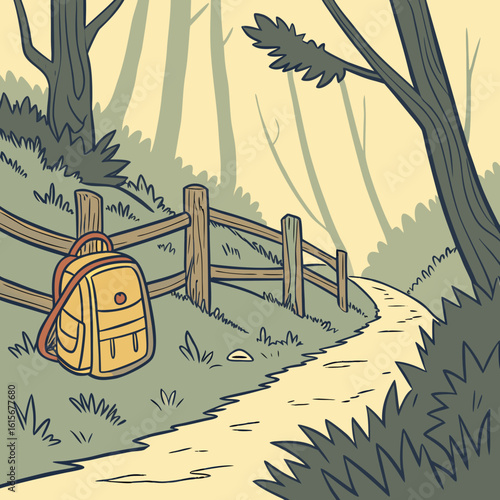 A backpack sits on a path next to a wooden fence and a tree in a natural outdoor environment scene