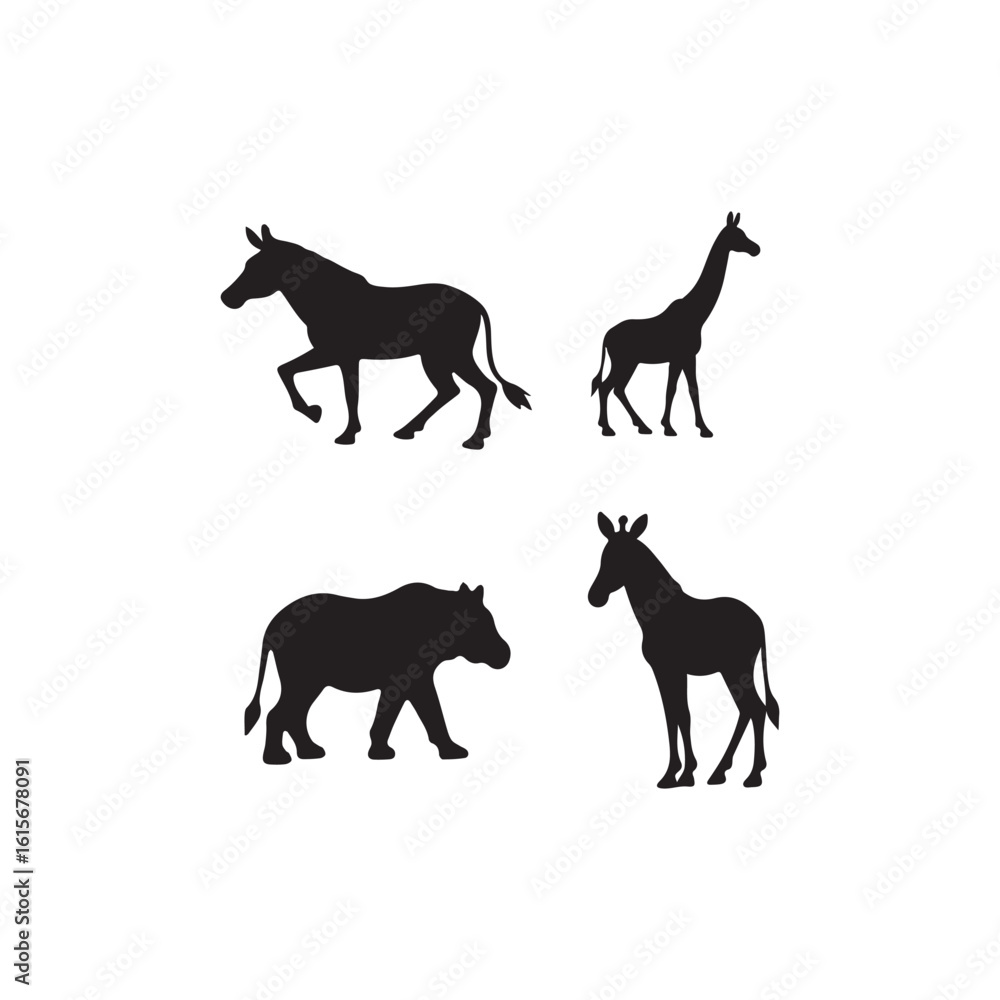 Fototapeta premium Simple Black Silhouettes of African Animals.A collection of black silhouettes of various African animals, including a zebra, a giraffe, and a donkey-like creature.