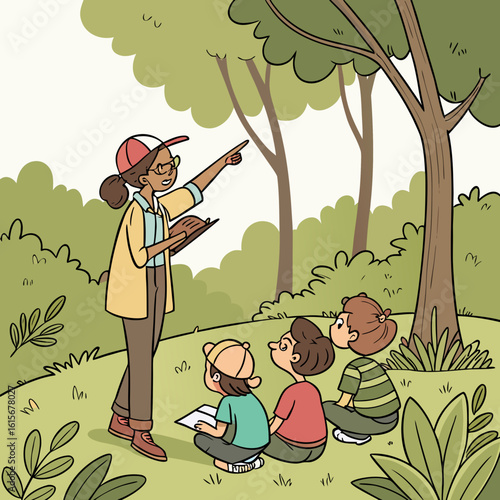 A woman in a lab coat pointing upwards with two children looking at flowers in a park with trees around them