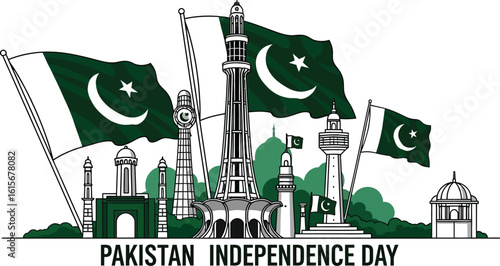 Pakistan independence day illustration with flags and monuments