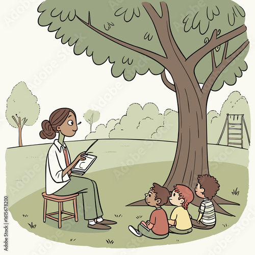 Woman reading from a clipboard to three children sitting under a large tree in an outdoor setting scene