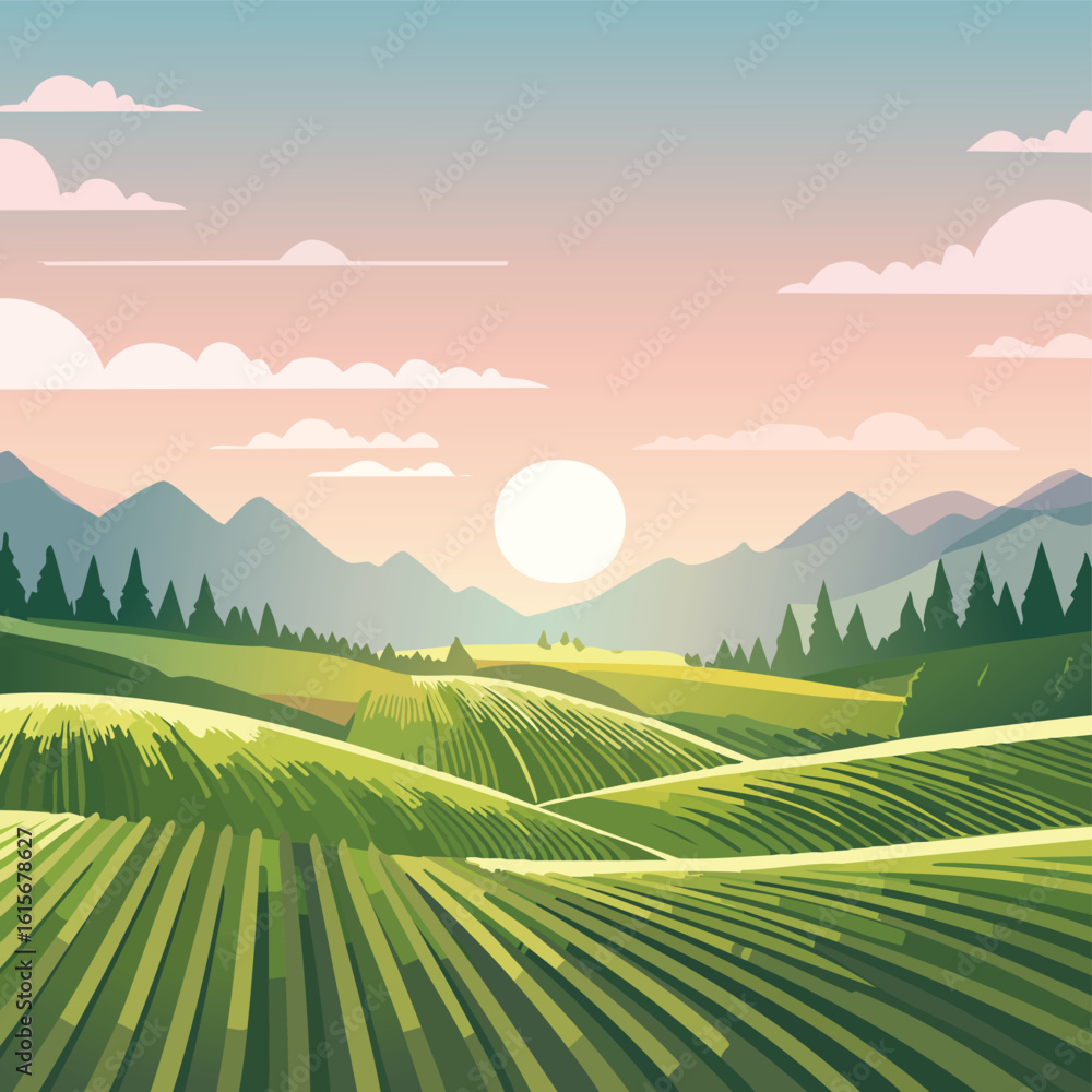 Obraz premium Aerial View of Plantation with Neat Rows in Morning Light – Symmetrical Crop Fields, Agricultural Landscape at Sunrise, Ideal for Farming, Nature, Rural Scenery, and Eco Agriculture Concepts
