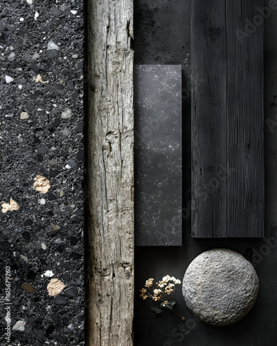 Flat lay of various dark-colored materials: black asphalt, gray stone, dark wood, and slate.