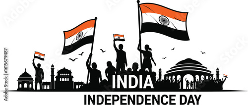 Indian independence day silhouette with flags and landmarks