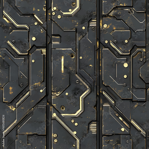 An industrial pattern with metallic shine and traces of wear. The surface consists of many segments with geometric cutouts, bolts, rivets and veins reminiscent of a printed circuit board.