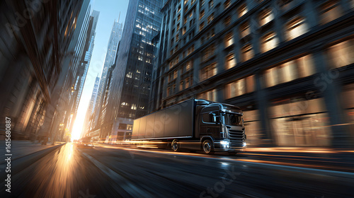 Black Semi Truck Driving Through City at Sunset