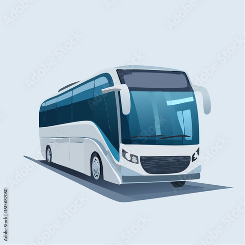 Modern white and blue passenger bus, commercial transport illustration for tourism, travel, and public transportation