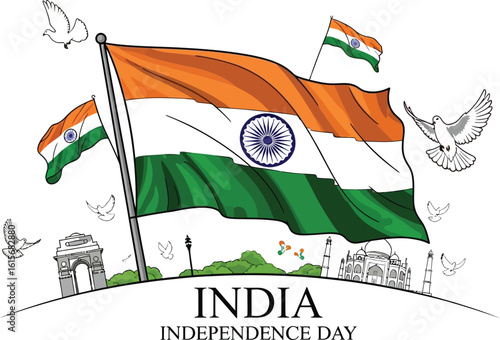Indian flag with monuments and doves